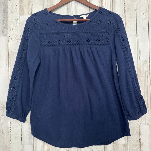 NWOT Sonoma Life Style Blouse Small Navy Lace Boho Cottagecore Flowy 100 Cotton - Picture 1 of 8